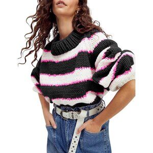 Women's Stripe Pullover Sweater Turtleneck Ribbed Knit Top Chunky Knitwear Black